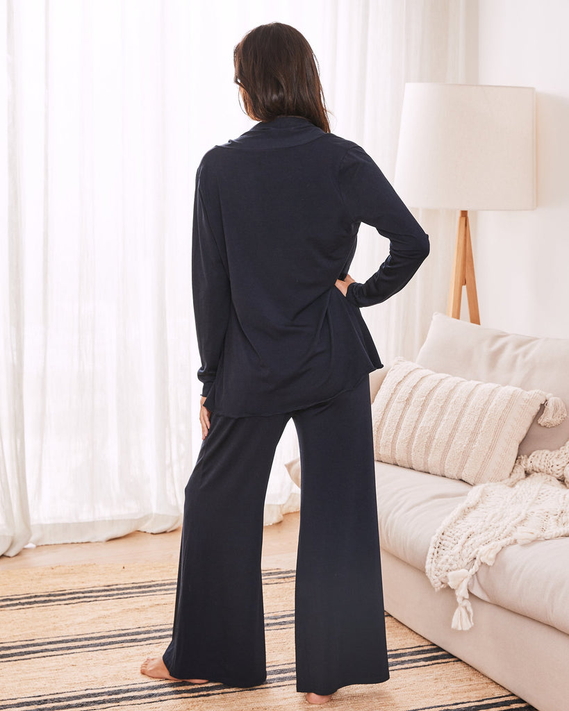 Back view- maternity wide leg bamboo pants navy