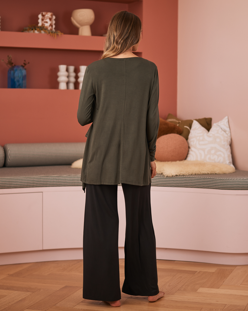 Back View - A Pregnant Woman in Waterfall Bamboo Maternity Cardigan in Khaki from Angel Maternity