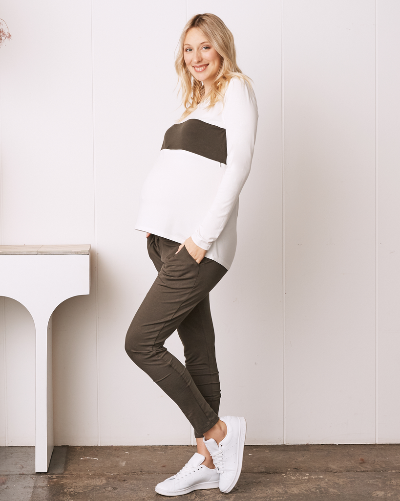 2-piece Maternity Long Sleeve Top And Pants Set- Khaki - Angel Maternity USA