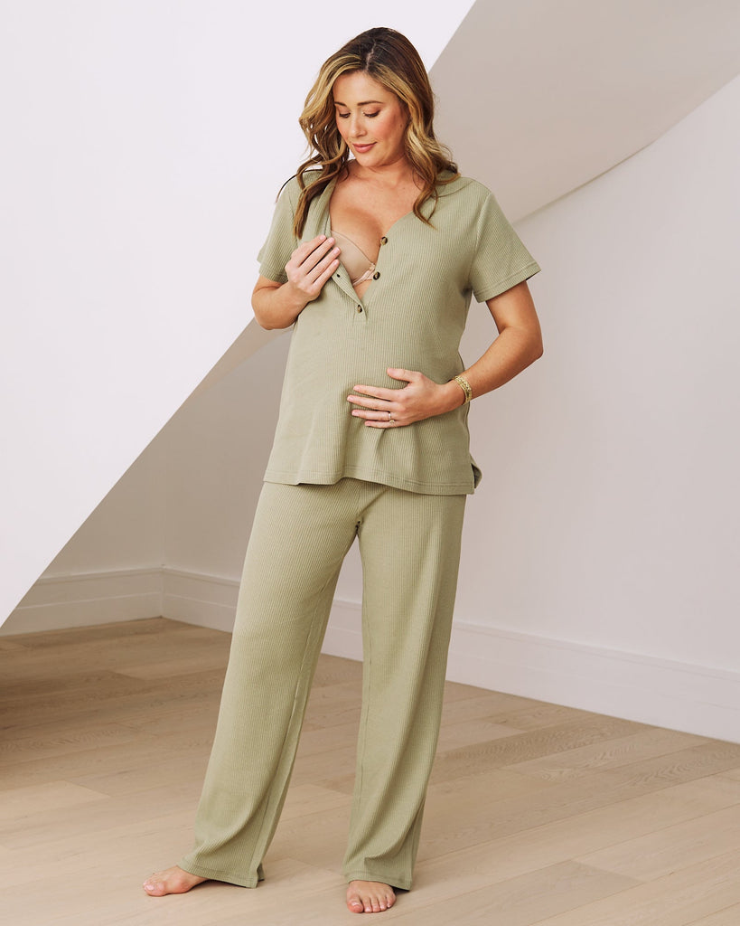 Side view - Maternity nursing loungewear PJ set Green