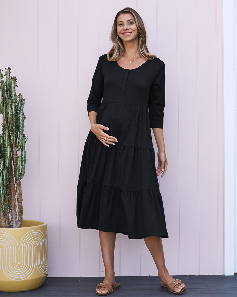 Essential Maternity Tiered Midi Dress in Black - Angel Maternity USA