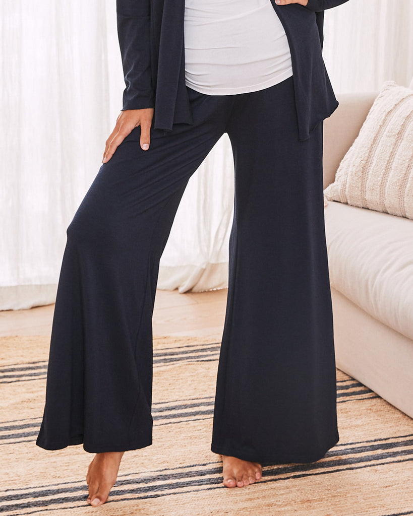 front view- maternity wide leg bamboo pants navy