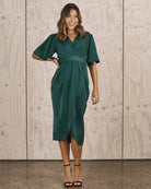Front View - maternity nursing wrap dress in teal