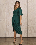 Side View - maternity nursing wrap dress in teal
