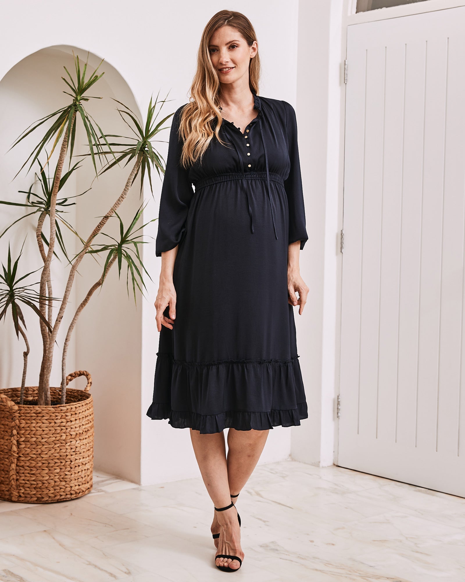 Stelle Baby Shower Button Front Dress in Navy - Angel Maternity USA