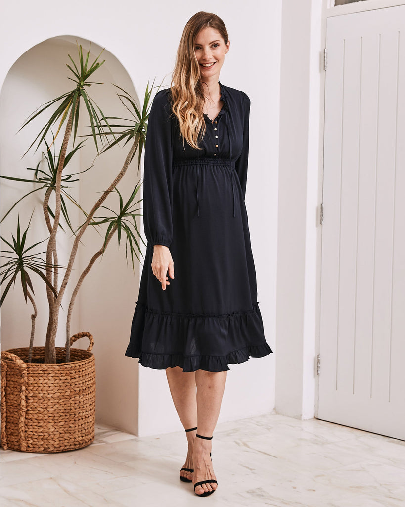 Stelle Baby Shower Button Front Dress in Navy - Angel Maternity USA