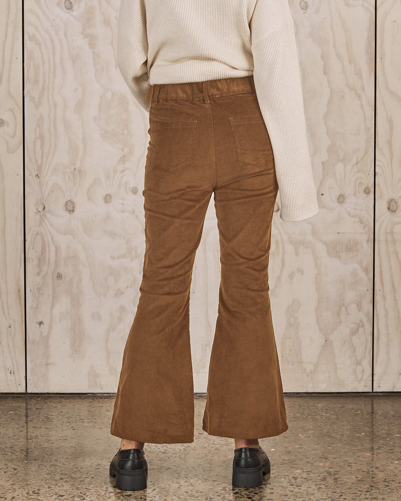 Back View - maternity corduroy flare pants camel