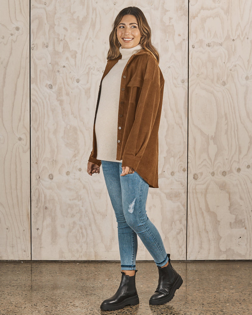 Side View - maternity corduroy jacket camel