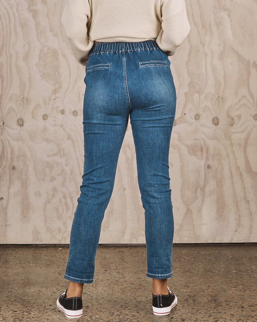 Back view - maternity elastic waistband blue jeans