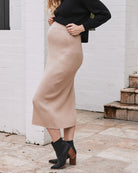 Betina Wool Blend Knit Maternity Side Split Skirt - Beige - Angel Maternity USA