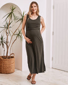 Front view- maternity nursing maxi dress khaki
