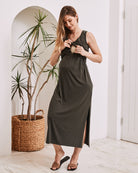 breastfeeding - Front view- maternity nursing maxi dress khaki