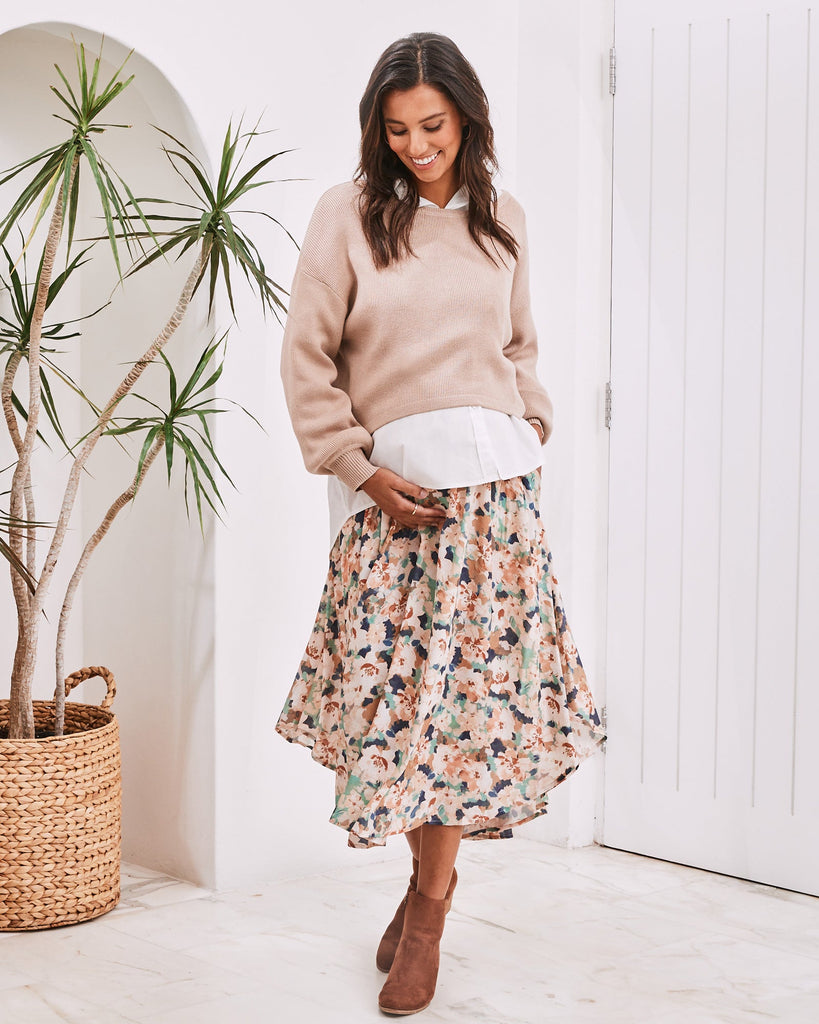 Front view- Maternity midi skirt floral print