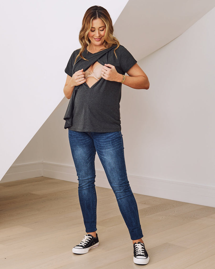 maternity and nursing crew neck top in charcoal