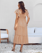 Back view - Maternity ruffled baby shower dress gingham camel