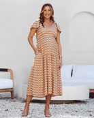 Maternity ruffled baby shower dress gingham camel