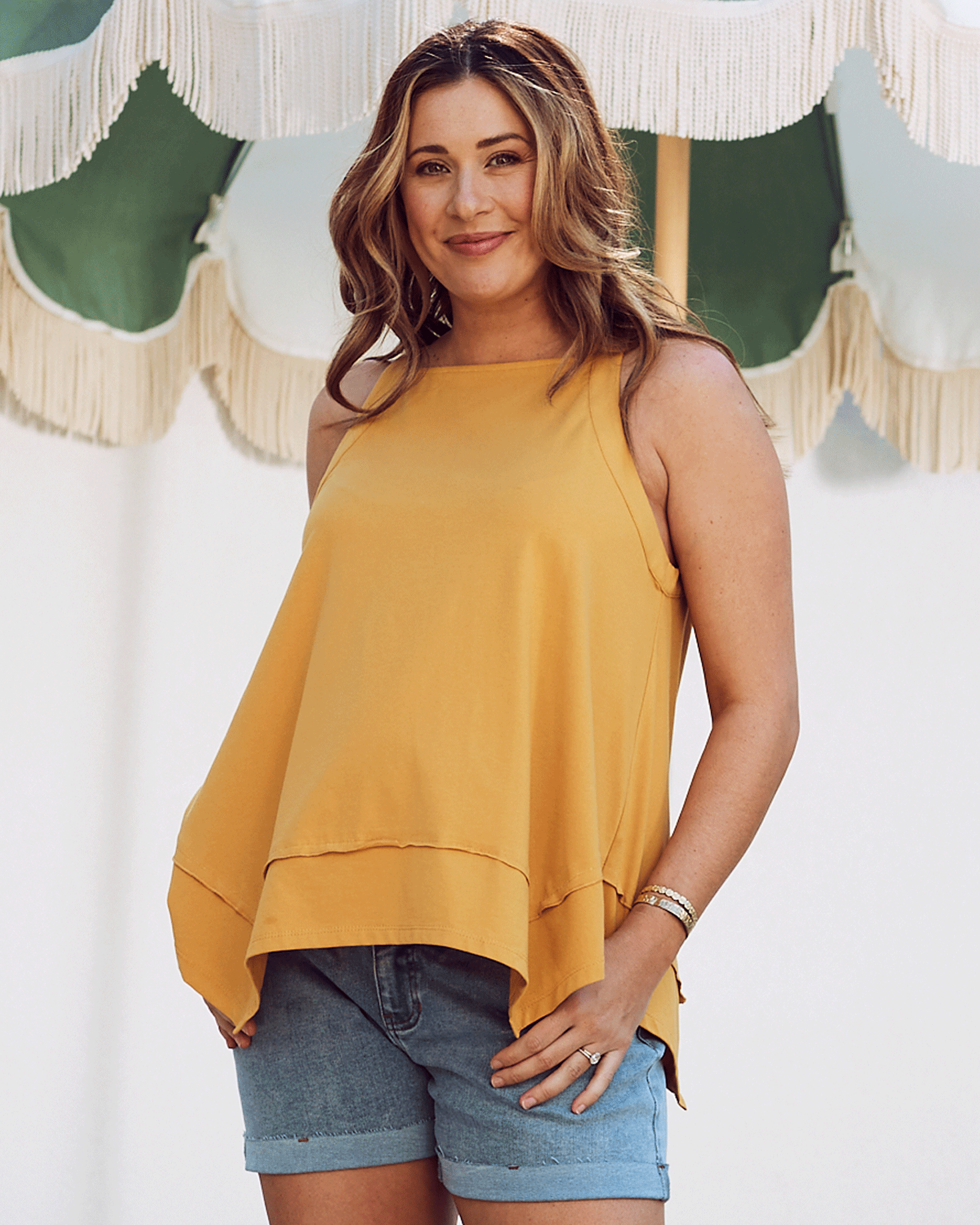 Front view- maternity asymmetric cotton tank top mustard