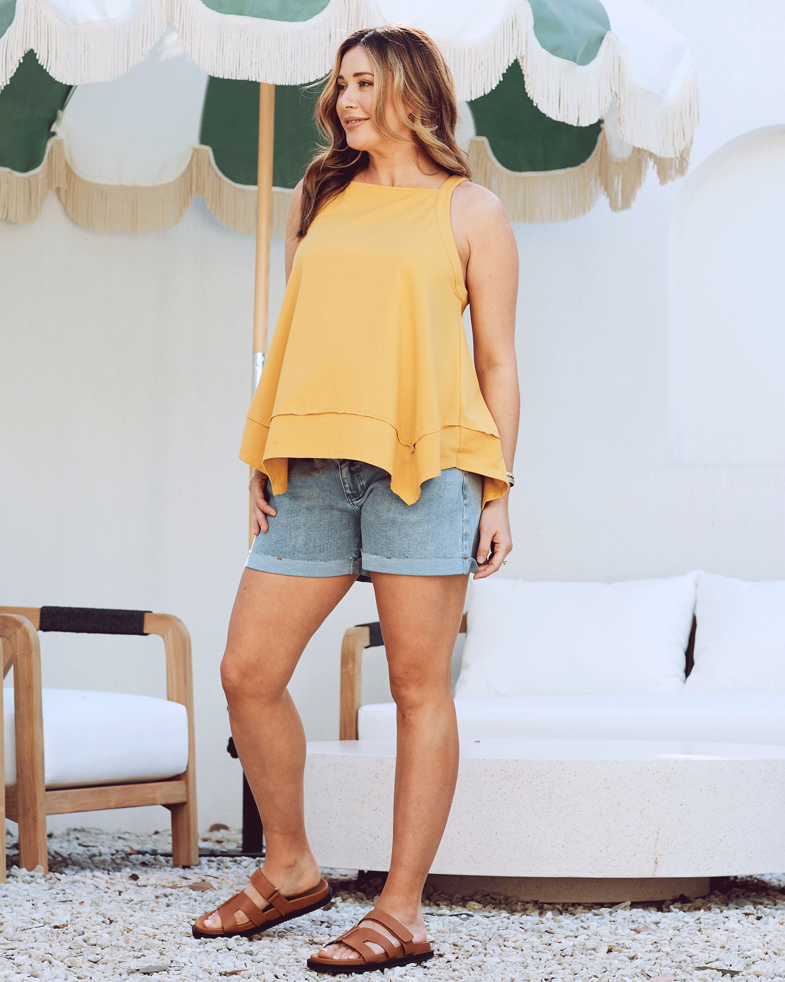 Side view- maternity asymmetric cotton tank top mustard