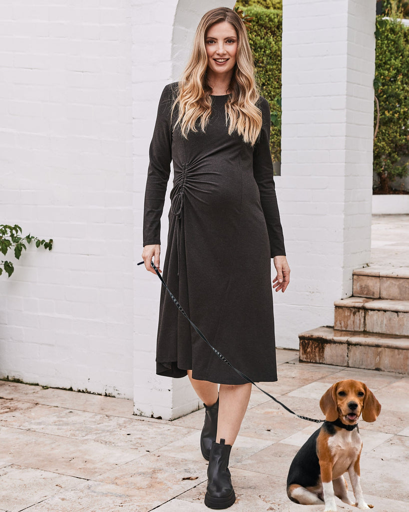 Eloise Maternity Waffle Knit Dress in Charcoal - Angel Maternity USA