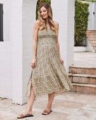 Ellie Maternity 2-in-1 Shirred Maxi Skirt in Green Flora - Angel Maternity USA