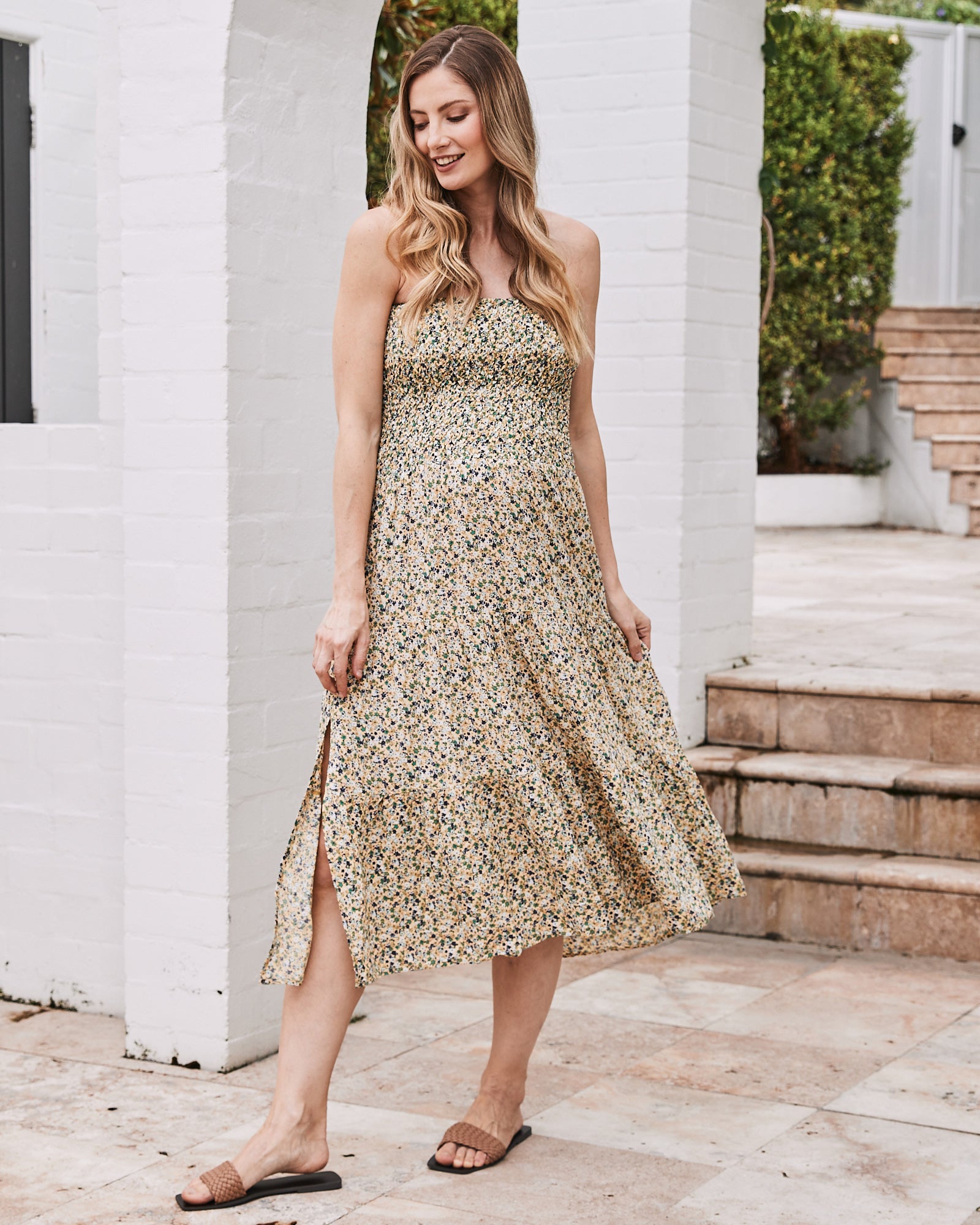 Ellie Maternity 2-in-1 Shirred Maxi Skirt in Green Flora - Angel Maternity USA