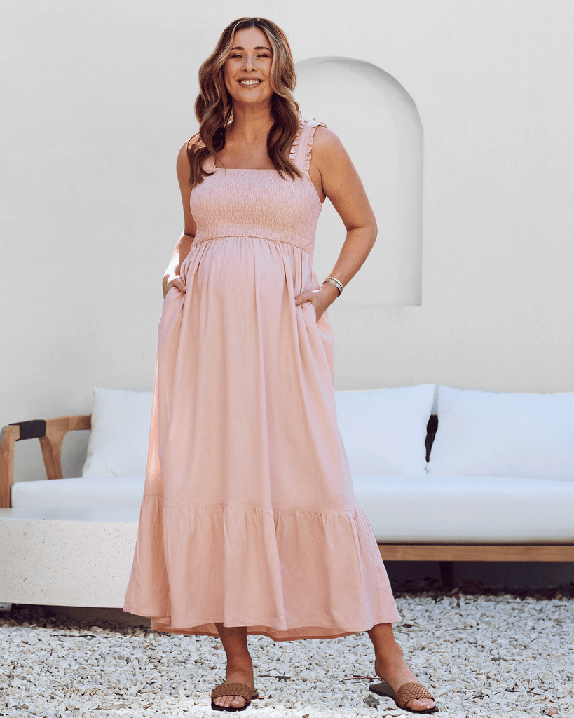 Maternity shirred maxi dress in pink