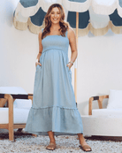front view - Maternity shirred dress in light blue