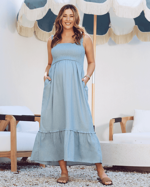 green emerald velvet dress Angel Maternity Margot Maternity Shirred Dress in Light Blue