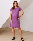 Front View - maternity t shirt dress in purple