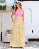 maternity wide leg pants in mustard print