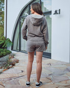 Back View - A Pregnannt Woman Wearing Josie Maternity Sweat Set In Grey - Sweat Top & Shorts Set from Angel Maternity.