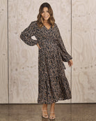 Front view- maternity baby shower dress floral navy