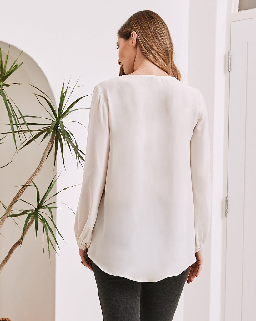 Back View - Maternity v neck long sleeve top off white