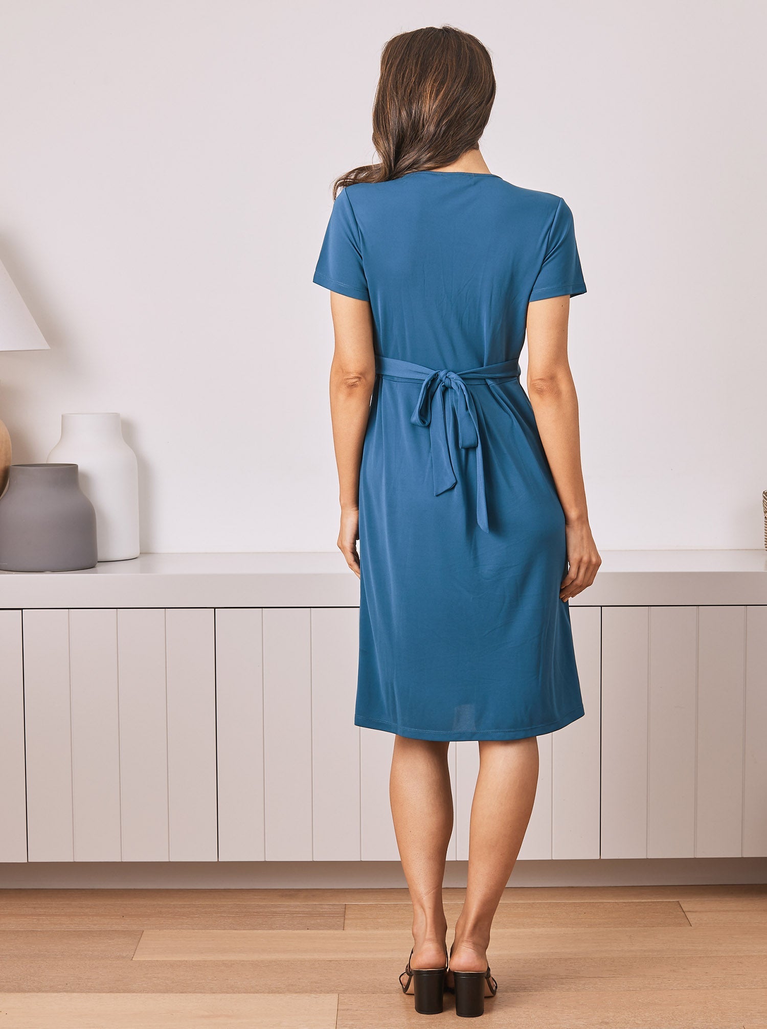Maternity Crossover Neckline Tie Back Jersey Work Dress - Teal - Angel Maternity USA