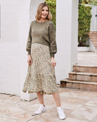 Ellie Maternity 2-in-1 Shirred Maxi Skirt in Green Flora - Angel Maternity USA