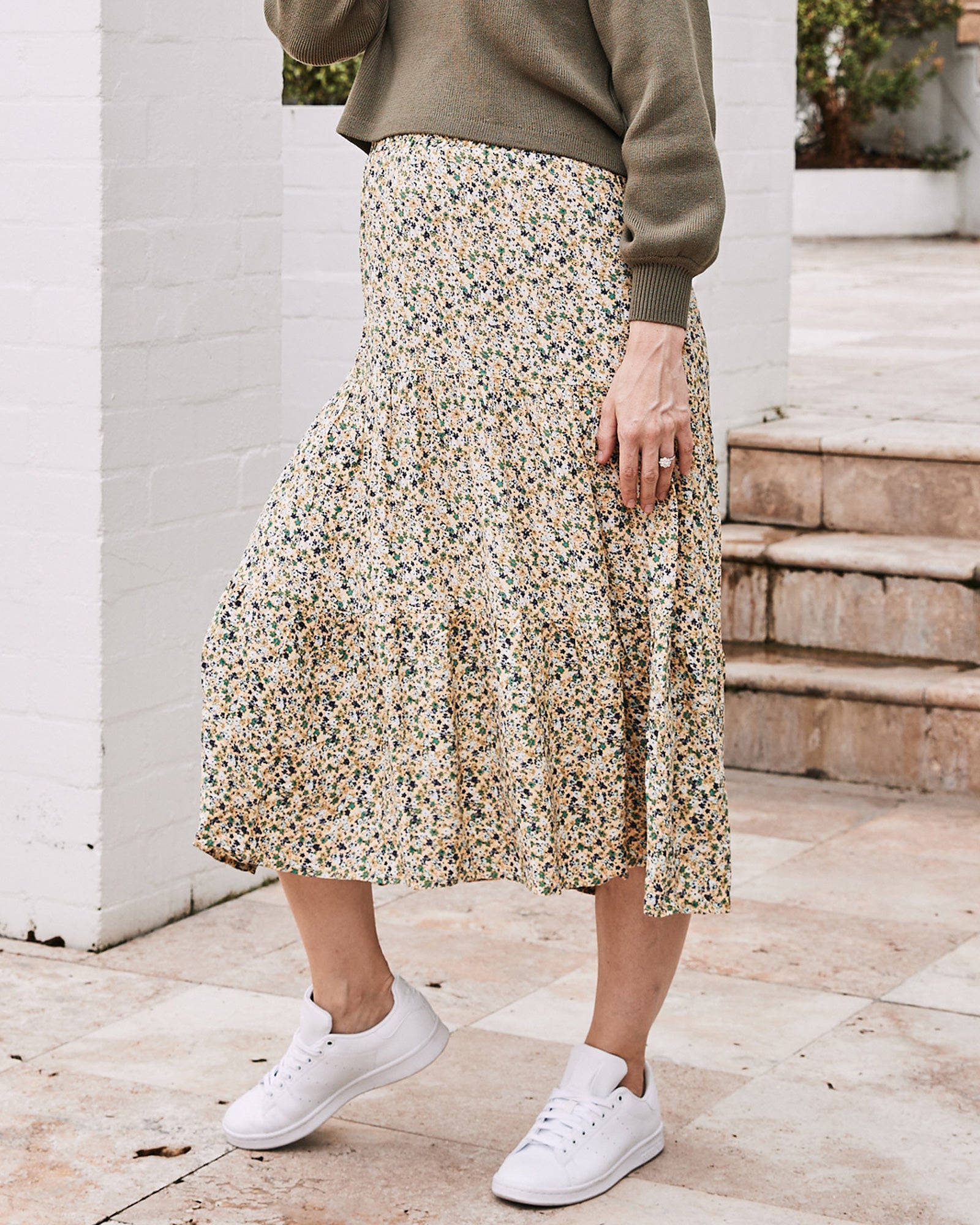 Ellie Maternity 2-in-1 Shirred Maxi Skirt in Green Flora - Angel Maternity USA