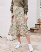 Ellie Maternity 2-in-1 Shirred Maxi Skirt in Green Flora - Angel Maternity USA