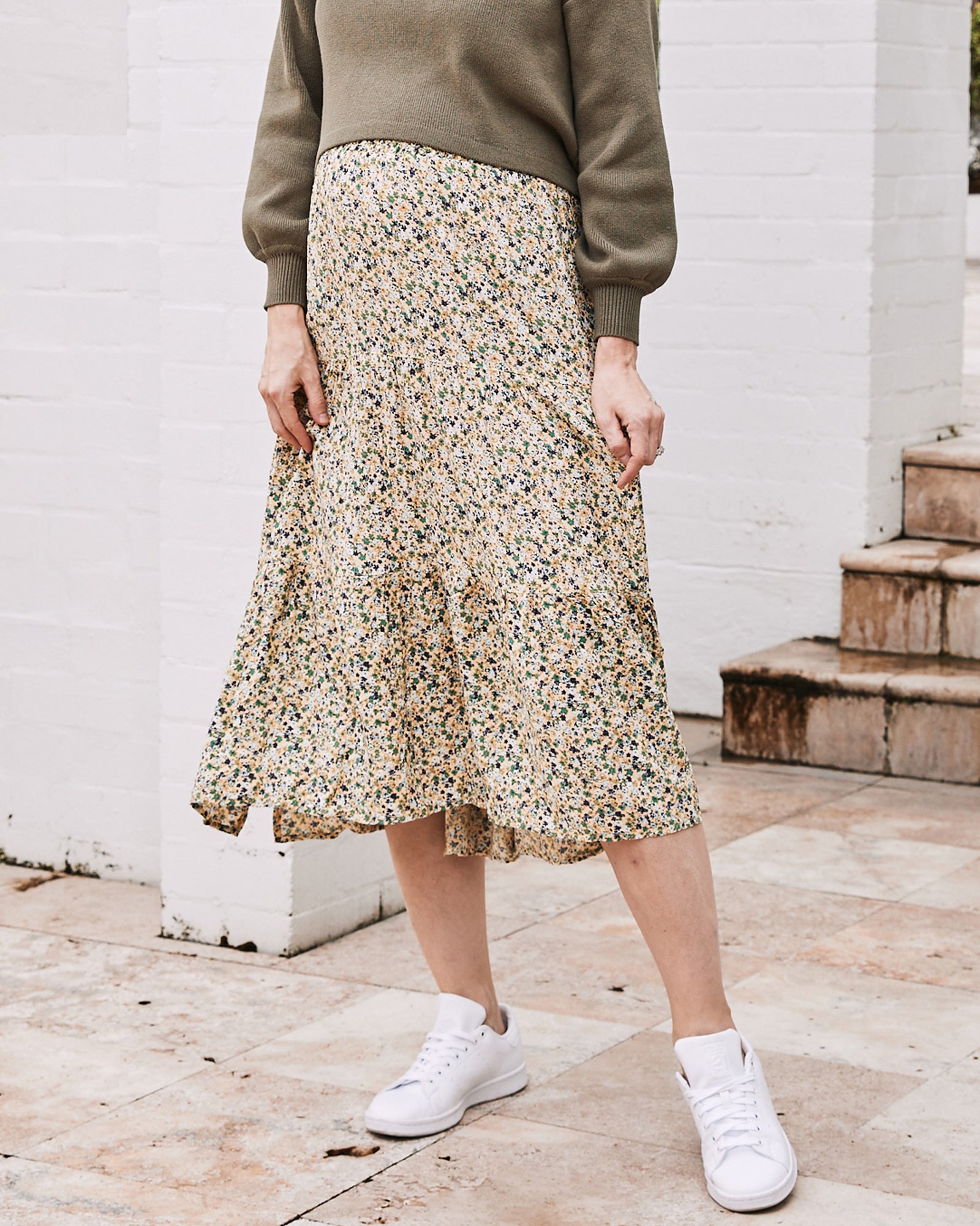 Ellie Maternity 2-in-1 Shirred Maxi Skirt in Green Flora - Angel Maternity USA