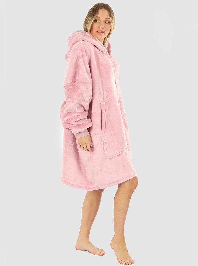 Side view - A woman in Dusty Zip front Pink Maternity Hoodie Blanket  (6724236705886)
