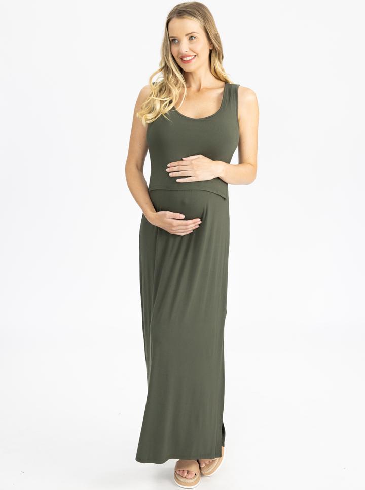 Maternity and Nursing  Maxi Dress in Khaki front (4801470824542)