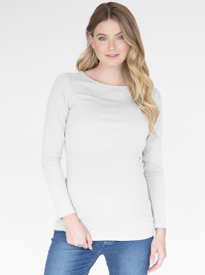 Long Sleeve Maternity & Nursing Cotton Top in White front (6539091968103) (6716380840030)