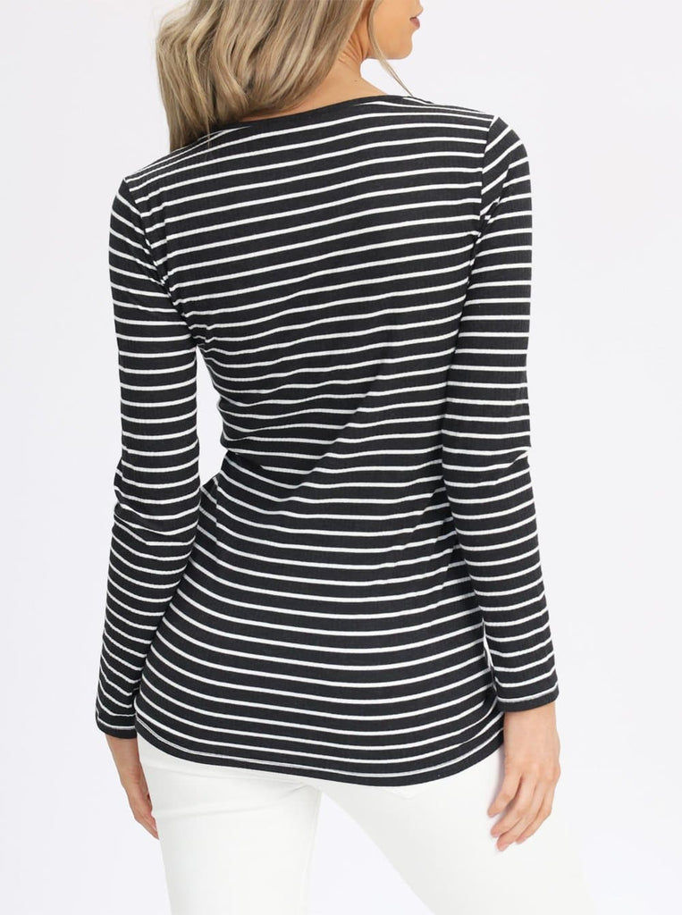 Back view - Maternity & Nursing Long Sleeve Top in Black/Grey Stripe (6621382115422)