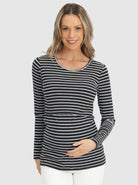 Front view - Maternity & Nursing Long Sleeve Top in Black/Grey Stripe (6621382115422)