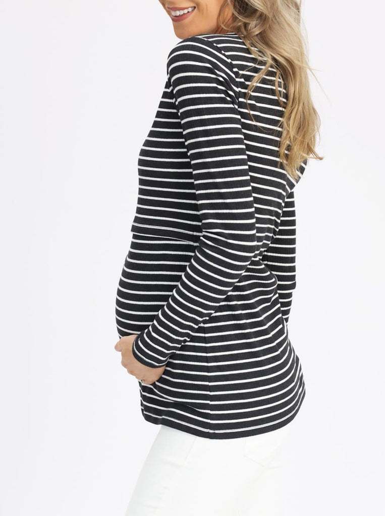 Side view - Maternity & Nursing Long Sleeve Top in Black/Grey Stripe (6621382115422)