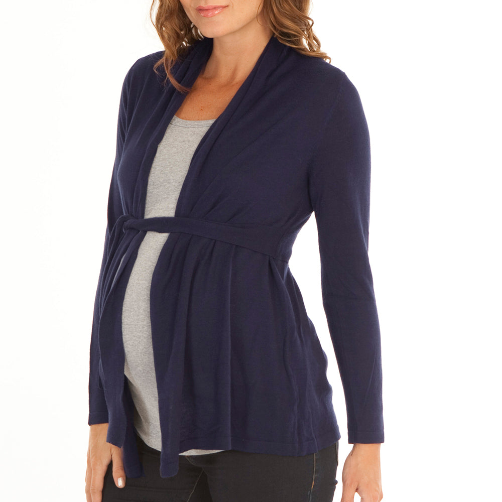 Maternity Roll Collar Knitted Waist Tie Cardigan - French Navy - Angel Maternity USA (1637798707294)