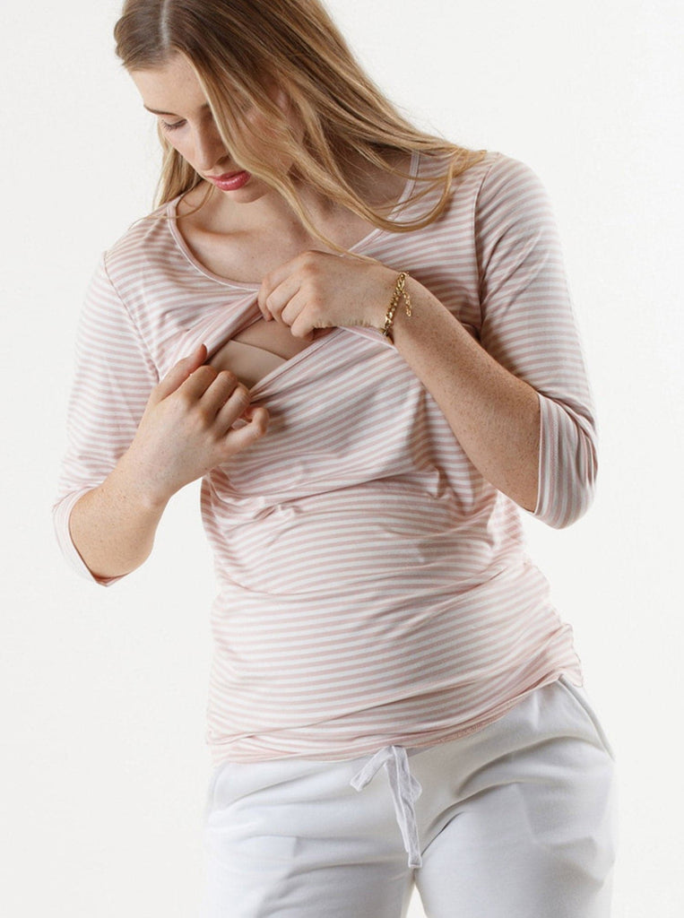 Mara Maternity Stripe Nursing Top - Pink & White - Angel Maternity USA