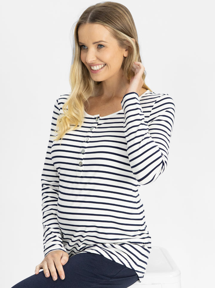 Maternity and Nursing Long Sleeve Top in Navy and White stripes - Angel Maternity USA (4791712251998)