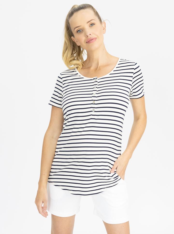 Front view - Button Front Maternity Nursing Tee - Navy Stripes (4802020180062)