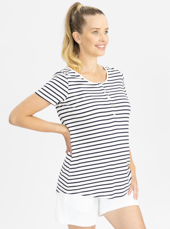 Main view - Button Front Maternity Nursing Tee - Navy Stripes (4802020180062)