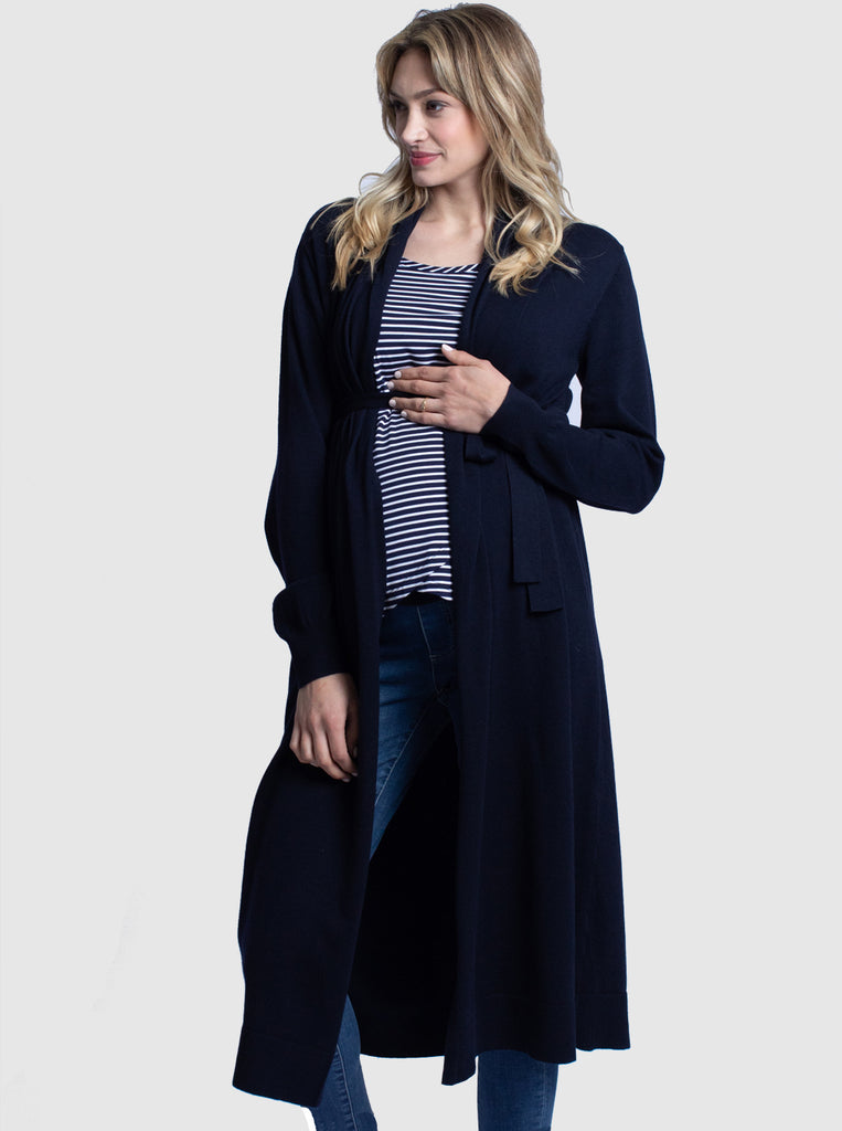 Front view - Maternity Long Knit Wool Blend Cardigan - Navy (4694215852126)